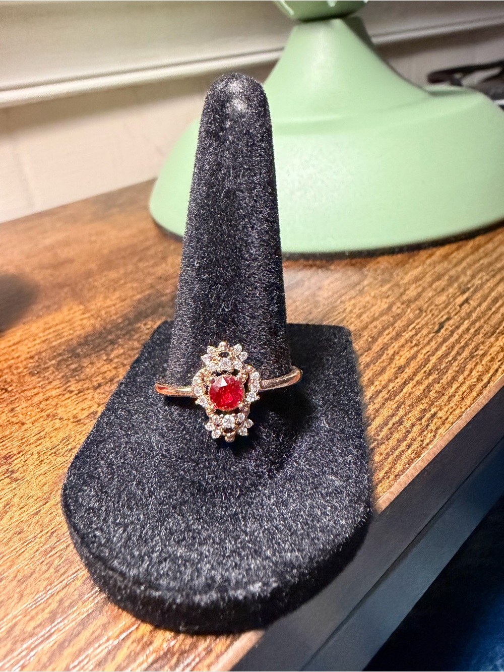 Classic Red Stone Halo Ring with Clear Accents - Size 9